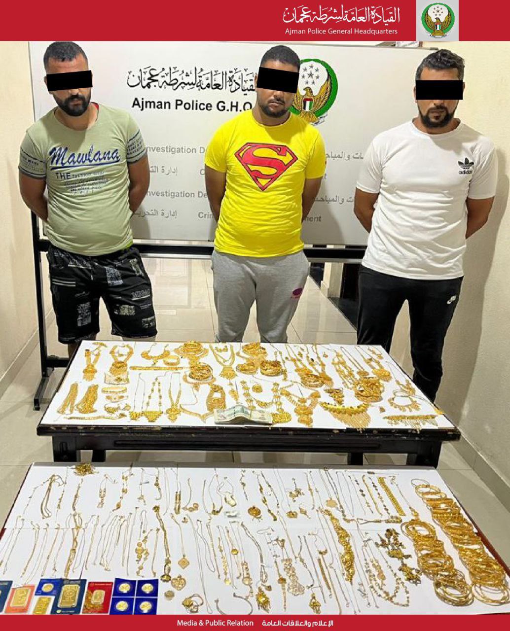 Ajman police arrested three suspects of Arab origin for stealing gold jewellery